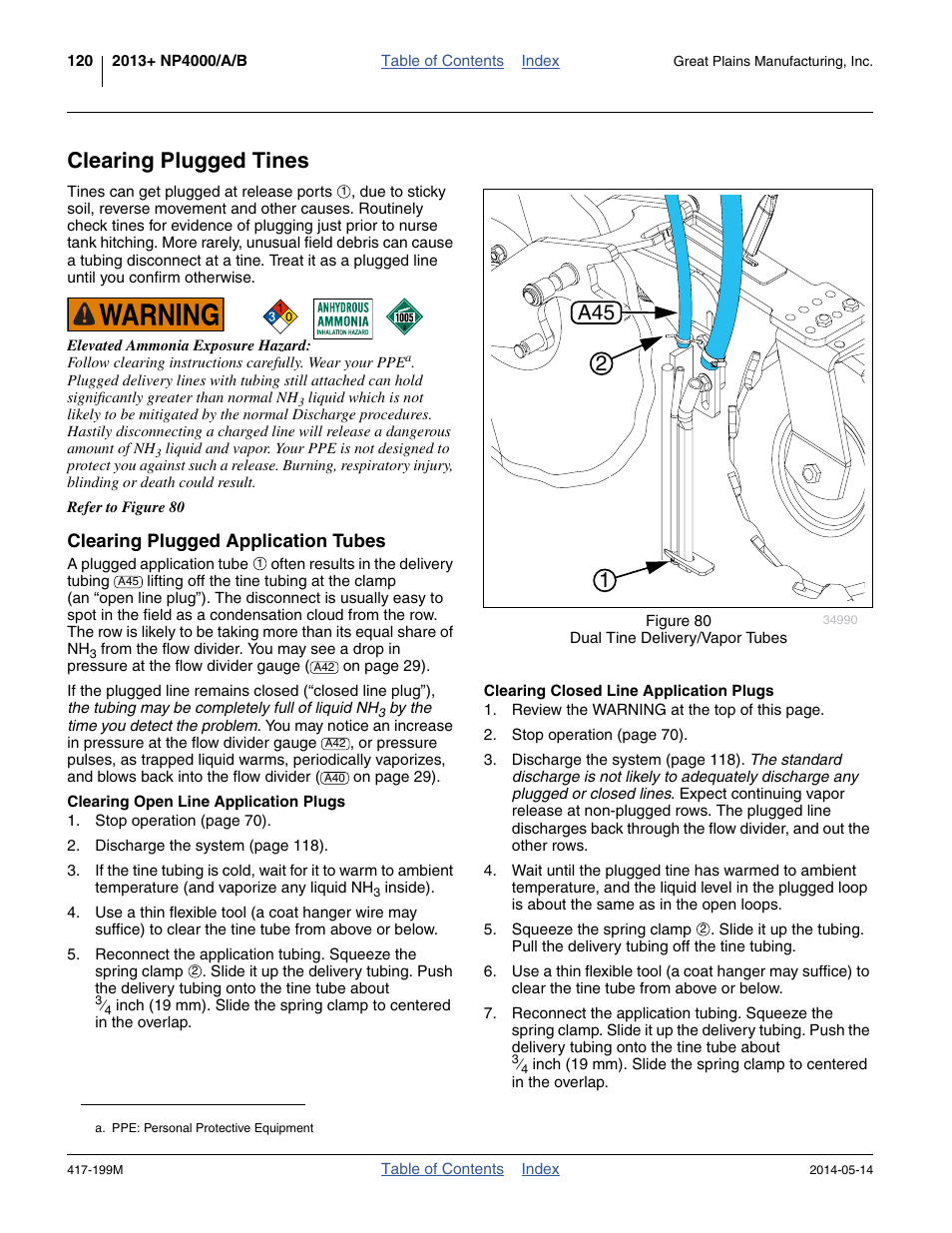 Clearing plugged tines, Clearing plugged application tubes, Clearing open line application plugs | Clearing closed line application plugs, 12 a45 | Great Plains NP4000B Operator Manual User Manual | Page 124 / 200