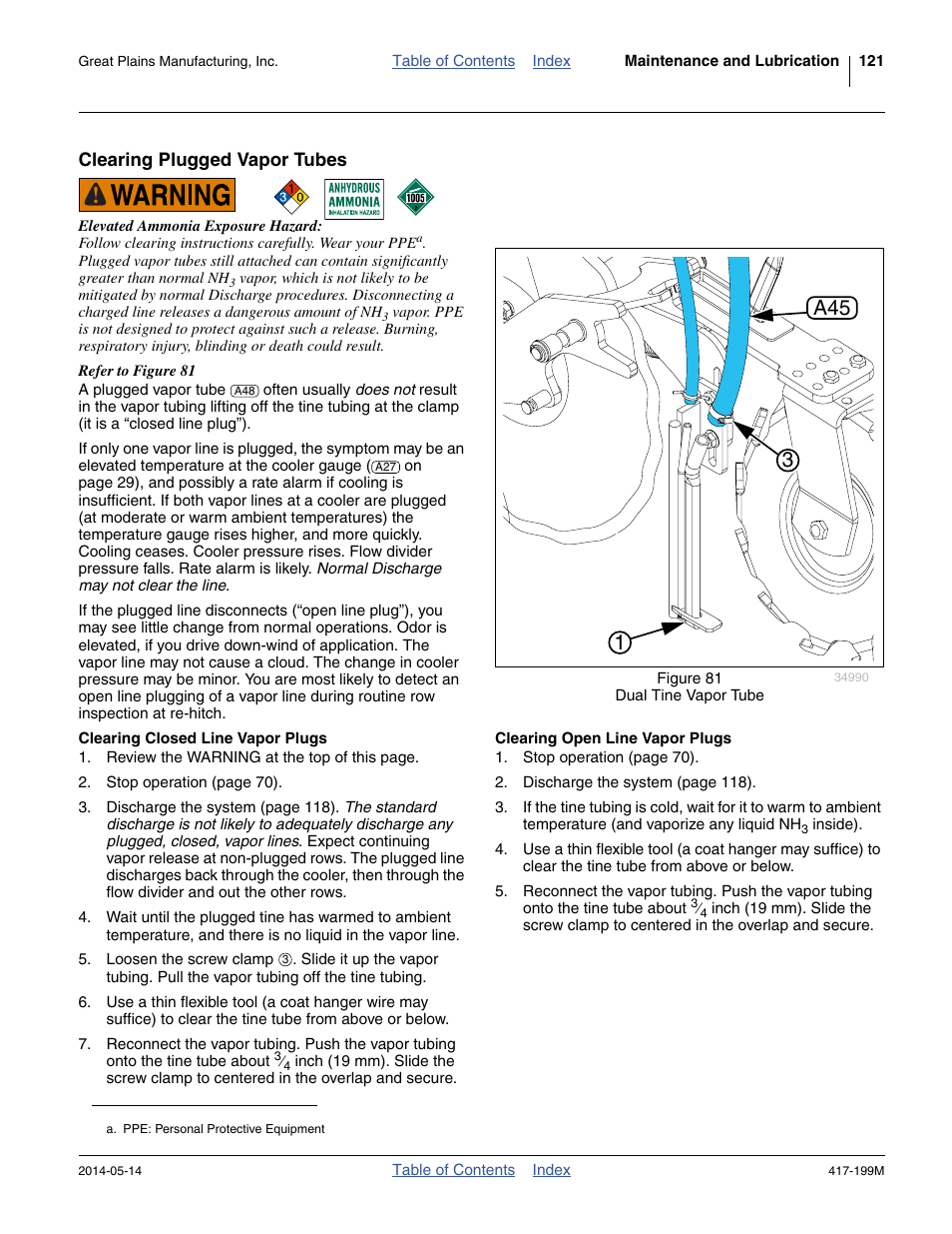 Clearing plugged vapor tubes, Clearing closed line vapor plugs, Clearing open line vapor plugs | 13 a45 | Great Plains NP4000B Operator Manual User Manual | Page 125 / 200