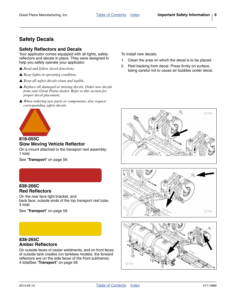 Safety decals, Safety reflectors and decals, 055c slow moving vehicle reflector | 266c red reflectors, 265c amber reflectors | Great Plains NP4000B Operator Manual User Manual | Page 13 / 200
