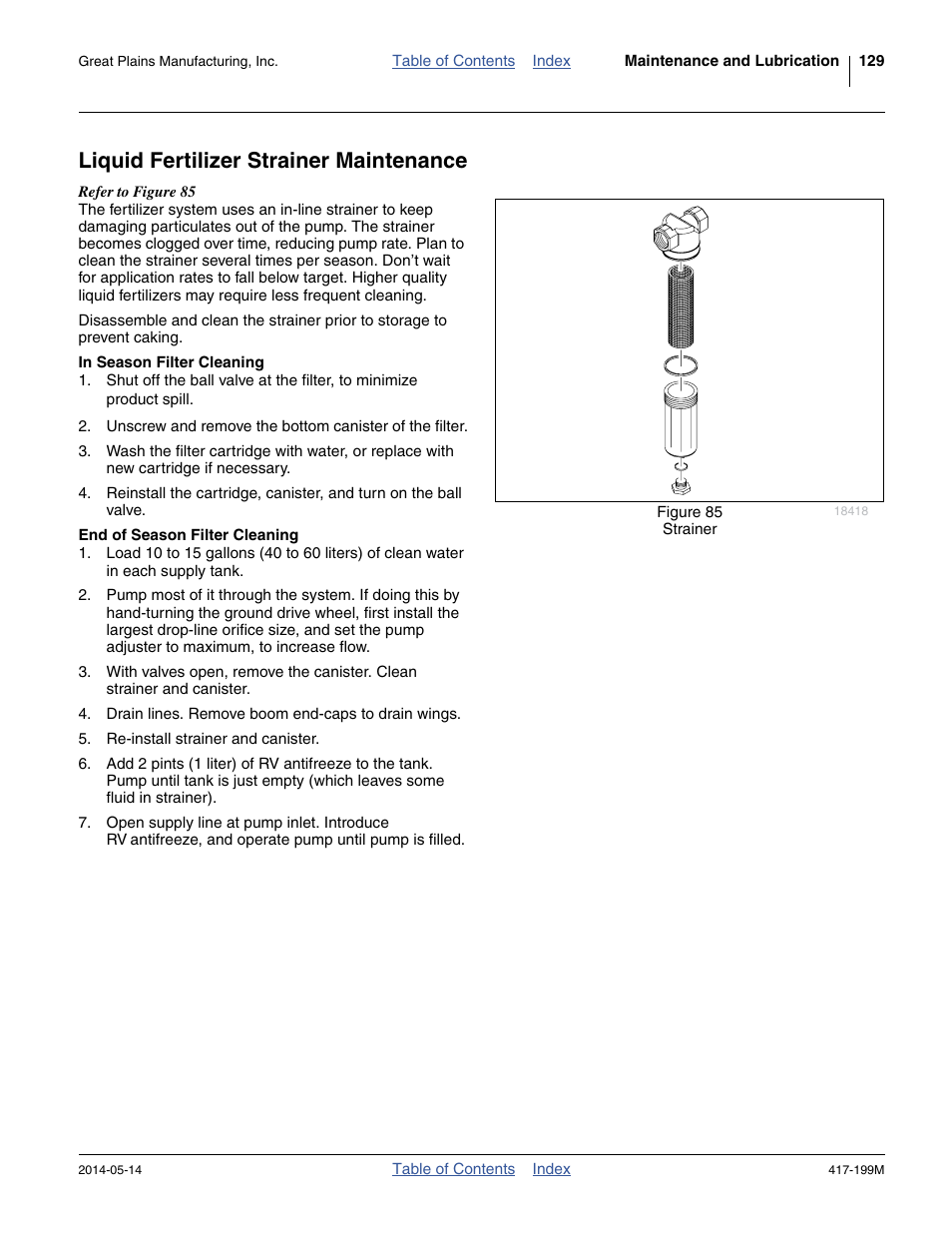 Liquid fertilizer strainer maintenance, In season filter cleaning, End of season filter cleaning | Great Plains NP4000B Operator Manual User Manual | Page 133 / 200