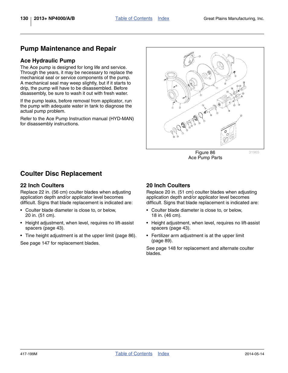 Pump maintenance and repair, Ace hydraulic pump, Coulter disc replacement | 22 inch coulters, 20 inch coulters | Great Plains NP4000B Operator Manual User Manual | Page 134 / 200
