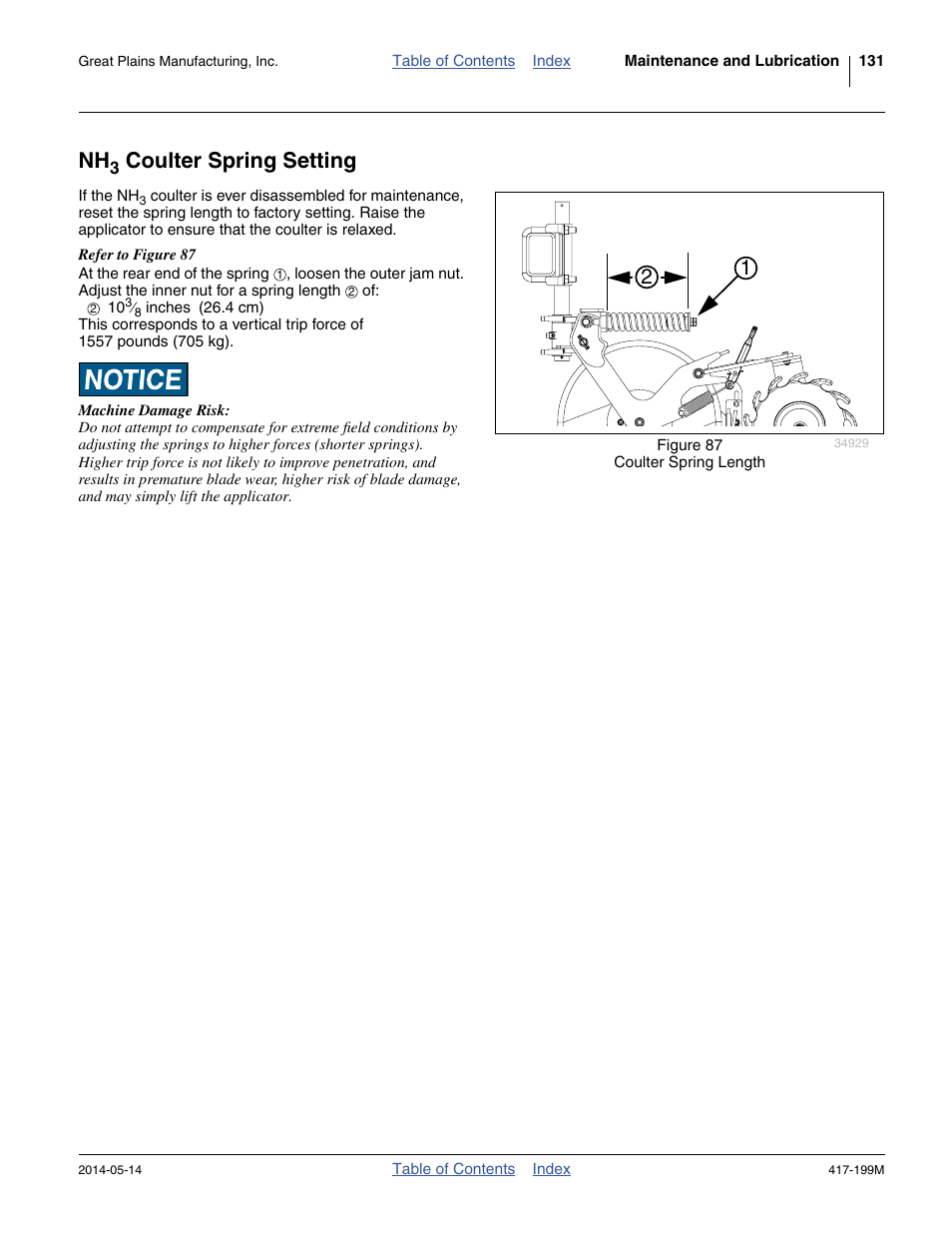 Nh3 coulter spring setting, Coulter spring setting | Great Plains NP4000B Operator Manual User Manual | Page 135 / 200