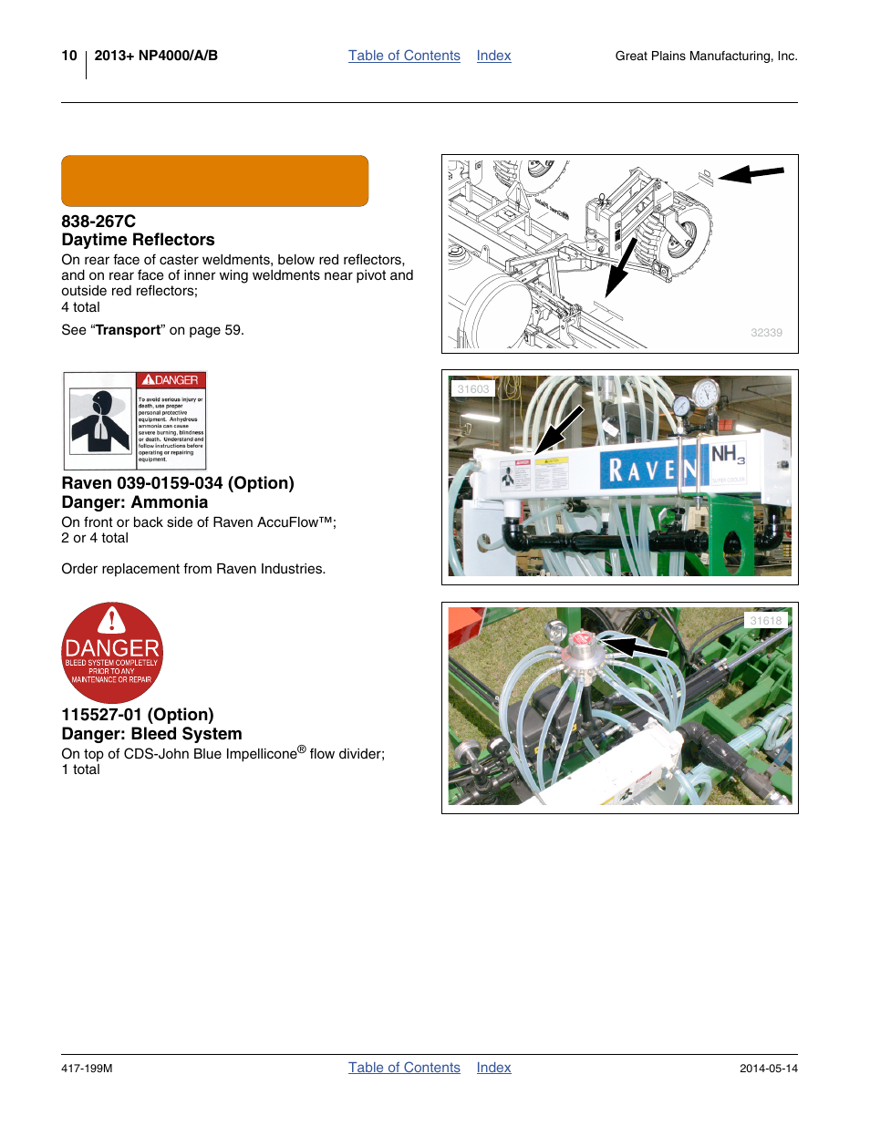 267c daytime reflectors, Raven 039-0159-034 (option) danger: ammonia, 115527-01 (option) danger: bleed system | Great Plains NP4000B Operator Manual User Manual | Page 14 / 200