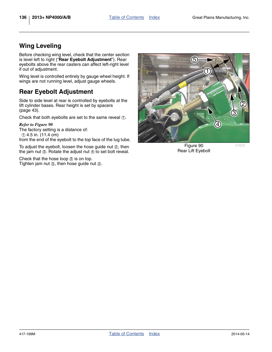 Wing leveling, Rear eyebolt adjustment, Wing leveling rear eyebolt adjustment | Great Plains NP4000B Operator Manual User Manual | Page 140 / 200