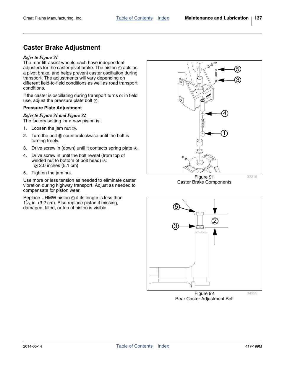 Caster brake adjustment, Pressure plate adjustment | Great Plains NP4000B Operator Manual User Manual | Page 141 / 200