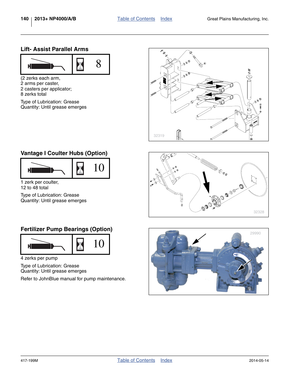 Lift- assist parallel arms, Vantage i coulter hubs (option), Fertilizer pump bearings (option) | Great Plains NP4000B Operator Manual User Manual | Page 144 / 200