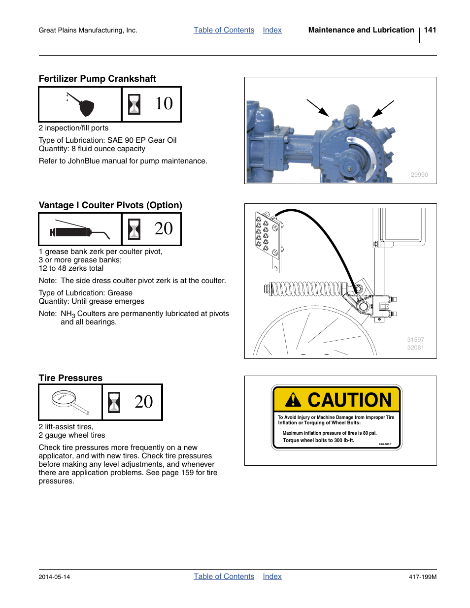Fertilizer pump crankshaft, Vantage i coulter pivots (option), Tire pressures | Caution | Great Plains NP4000B Operator Manual User Manual | Page 145 / 200
