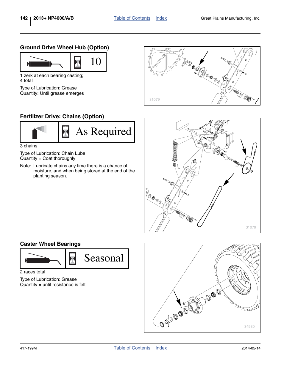 Ground drive wheel hub (option), Fertilizer drive: chains (option), Caster wheel bearings | As required, Seasonal | Great Plains NP4000B Operator Manual User Manual | Page 146 / 200