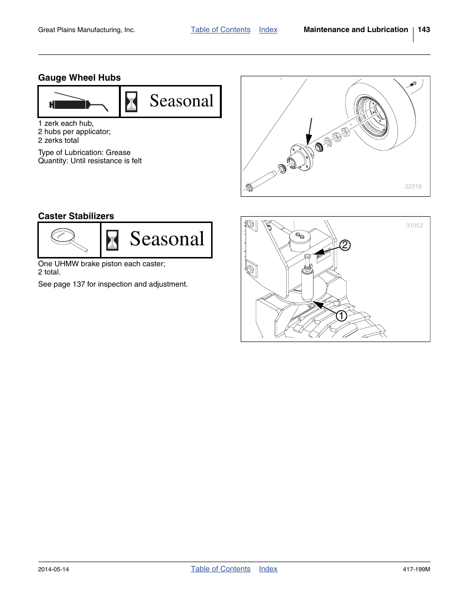 Gauge wheel hubs, Caster stabilizers, Seasonal | Great Plains NP4000B Operator Manual User Manual | Page 147 / 200
