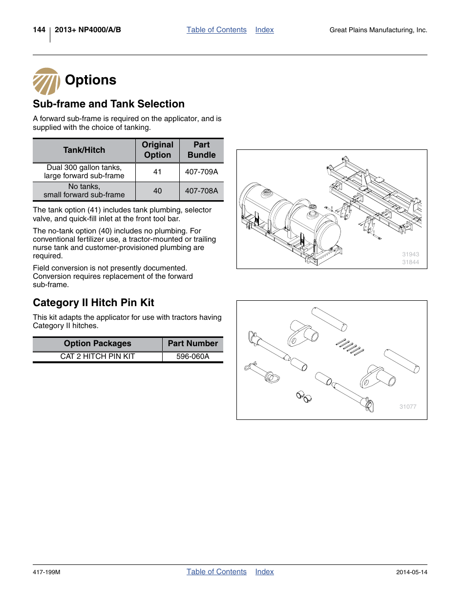 Options, Sub-frame and tank selection, Category ii hitch pin kit | Great Plains NP4000B Operator Manual User Manual | Page 148 / 200