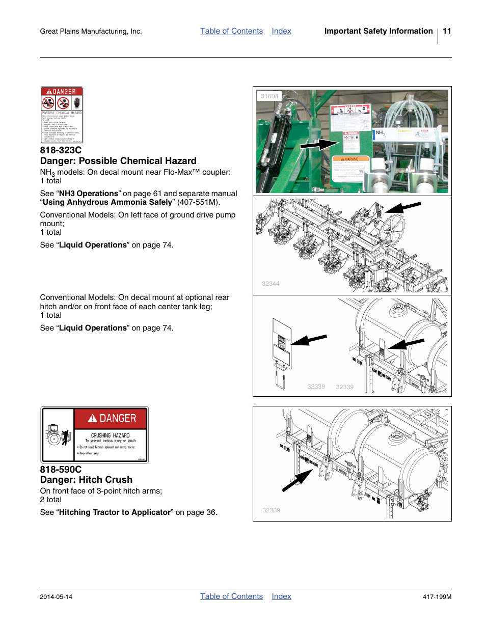 323c danger: possible chemical hazard, 590c danger: hitch crush | Great Plains NP4000B Operator Manual User Manual | Page 15 / 200