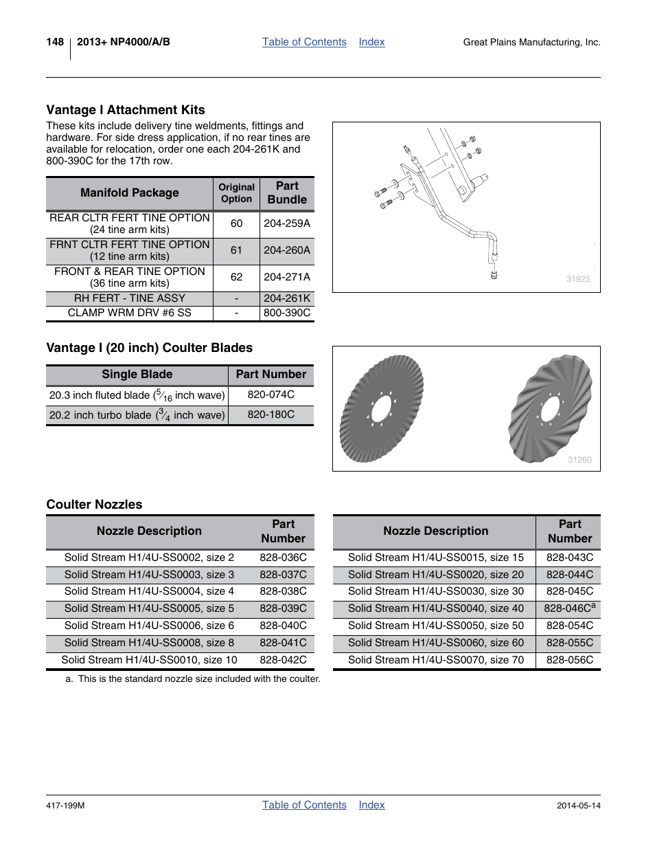 Vantage i attachment kits, Vantage i (20 inch) coulter blades, Coulter nozzles | Great Plains NP4000B Operator Manual User Manual | Page 152 / 200