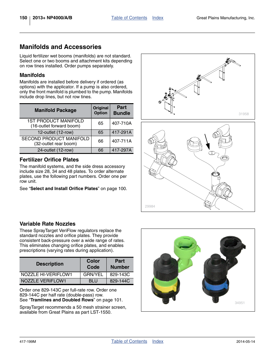 Manifolds and accessories, Manifolds, Fertilizer orifice plates | Variable rate nozzles, 144c half-r | Great Plains NP4000B Operator Manual User Manual | Page 154 / 200