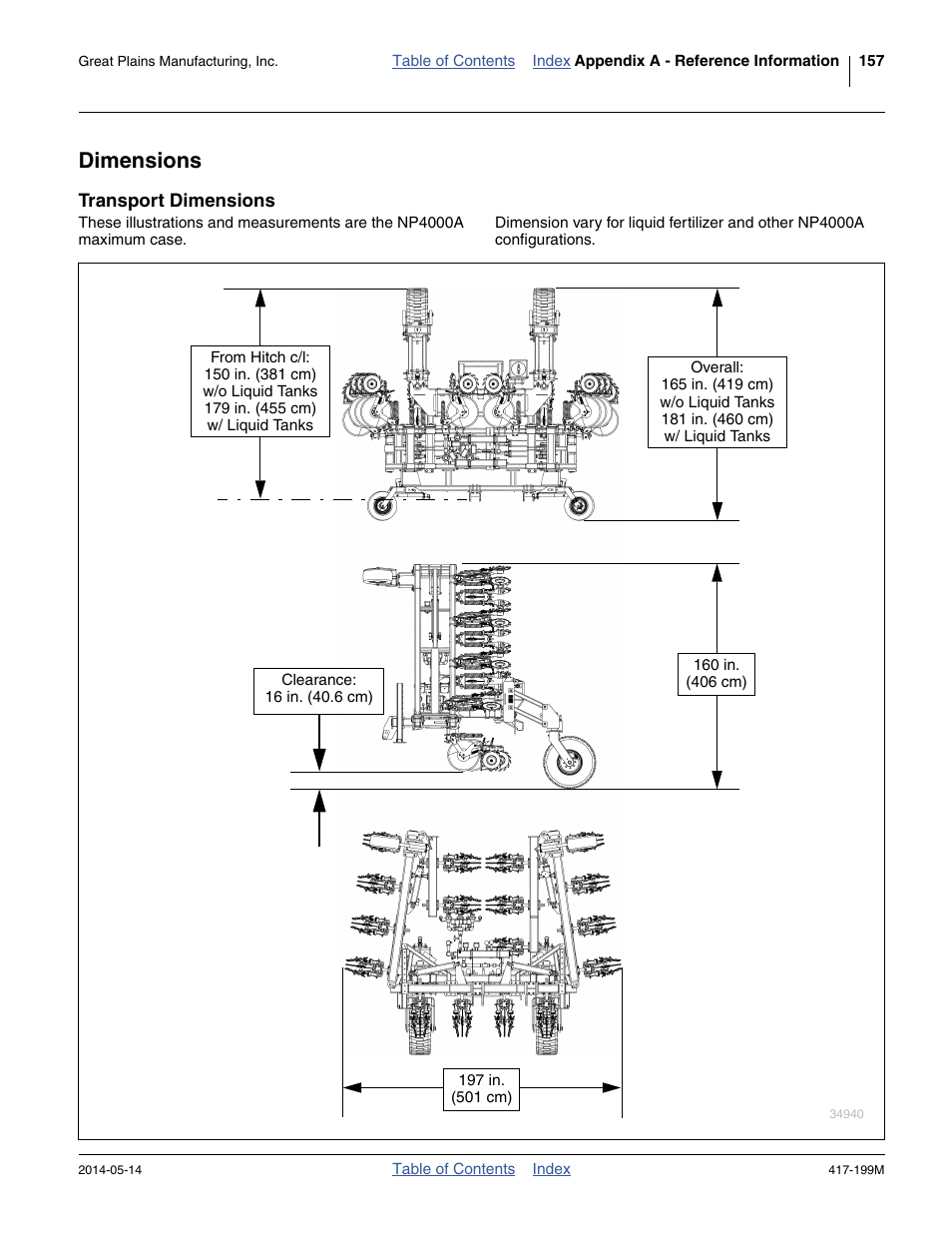 Dimensions, Transport dimensions | Great Plains NP4000B Operator Manual User Manual | Page 161 / 200