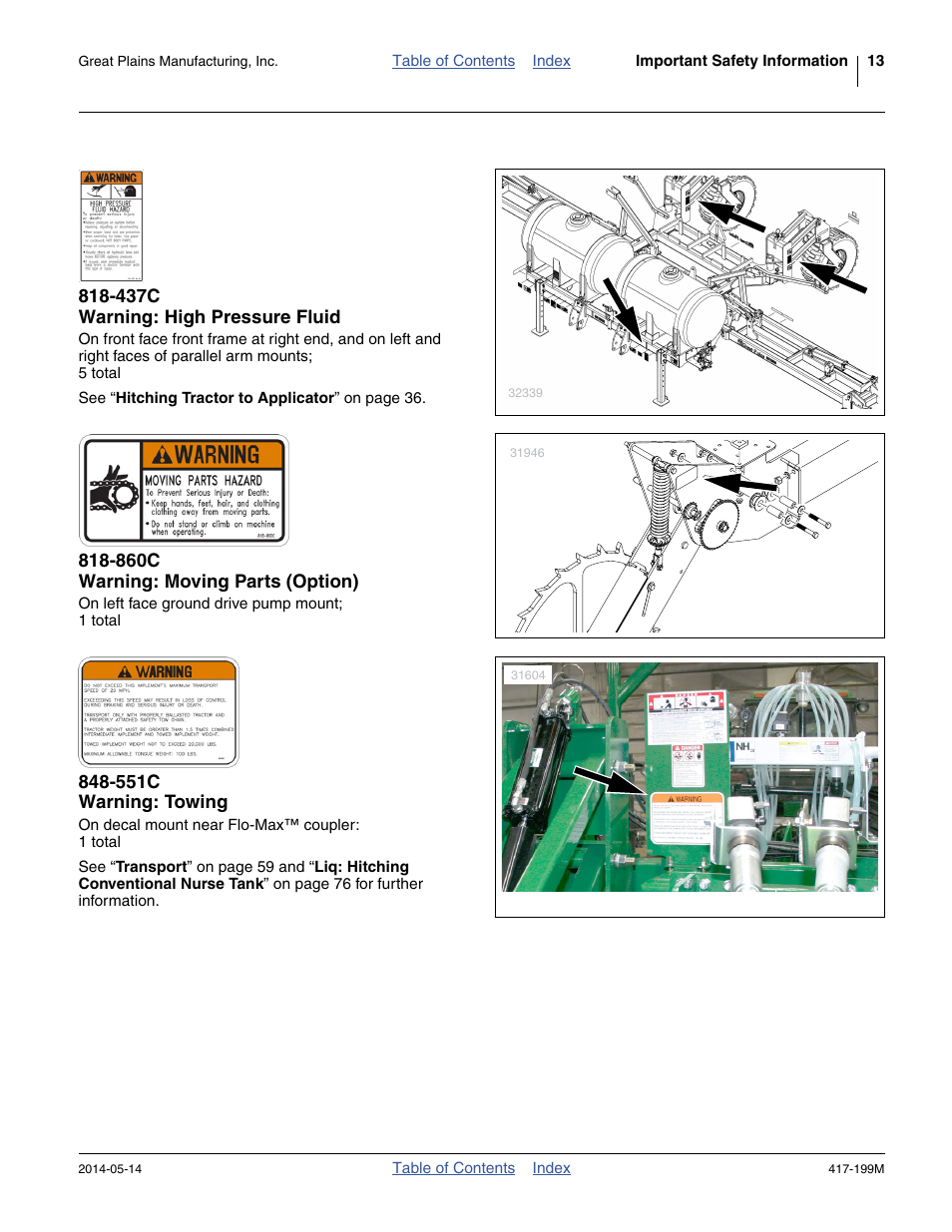 437c warning: high pressure fluid, 860c warning: moving parts (option), 551c warning: towing | Great Plains NP4000B Operator Manual User Manual | Page 17 / 200