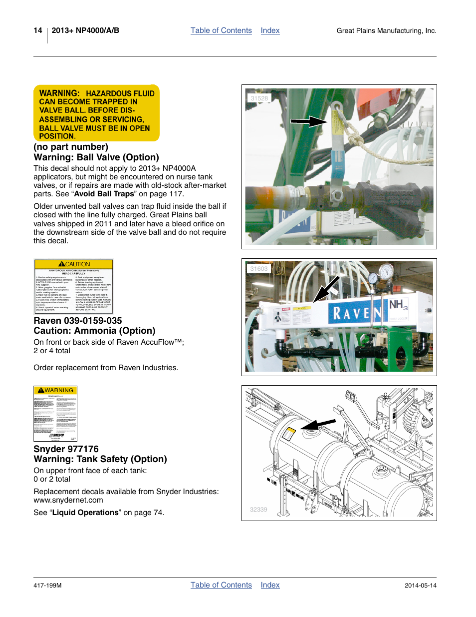 No part number) warning: ball valve (option), Raven 039-0159-035 caution: ammonia (option), Snyder 977176 warning: tank safety (option) | Great Plains NP4000B Operator Manual User Manual | Page 18 / 200