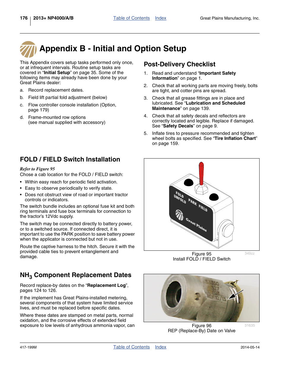 Appendix b - initial and option setup, Post-delivery checklist, Fold / field switch installation | Nh3 component replacement dates, Component replacement dates | Great Plains NP4000B Operator Manual User Manual | Page 180 / 200