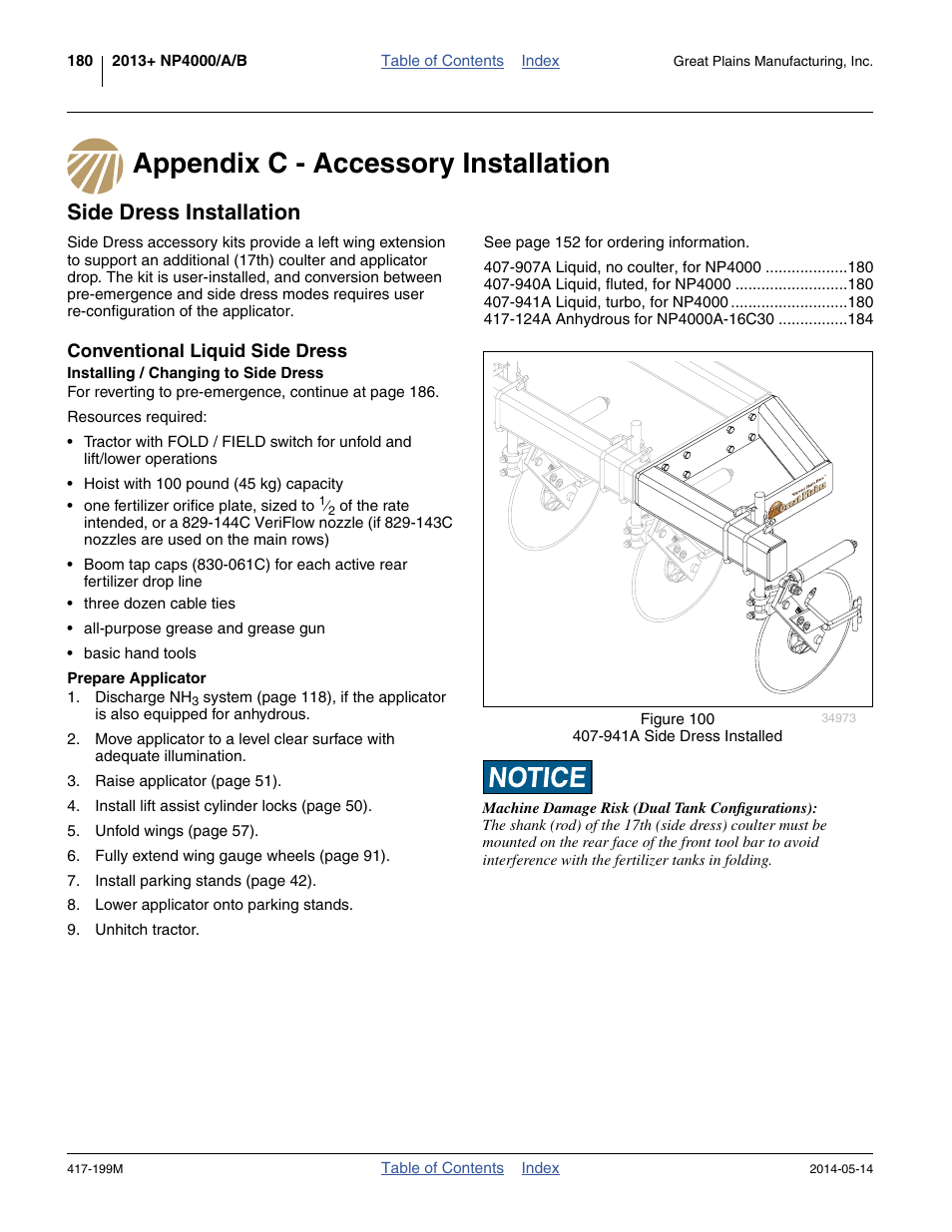 Appendix c - accessory installation, Side dress installation, Conventional liquid side dress | Installing / changing to side dress, Prepare applicator | Great Plains NP4000B Operator Manual User Manual | Page 184 / 200