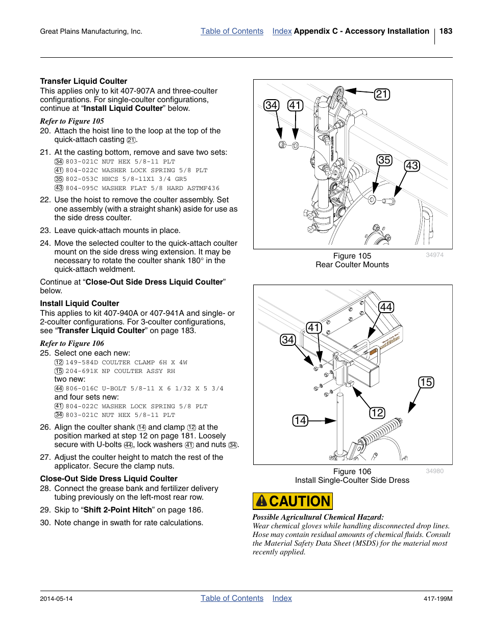 Transfer liquid coulter, Install liquid coulter, Close-out side dress liquid coulter | Great Plains NP4000B Operator Manual User Manual | Page 187 / 200