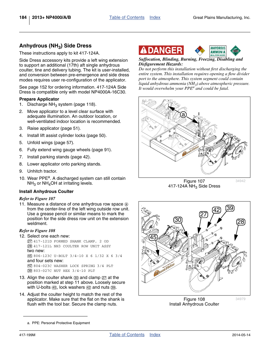 Anhydrous (nh3) side dress, Prepare applicator, Install anhydrous coulter | Anhydrous (nh, Side dress | Great Plains NP4000B Operator Manual User Manual | Page 188 / 200