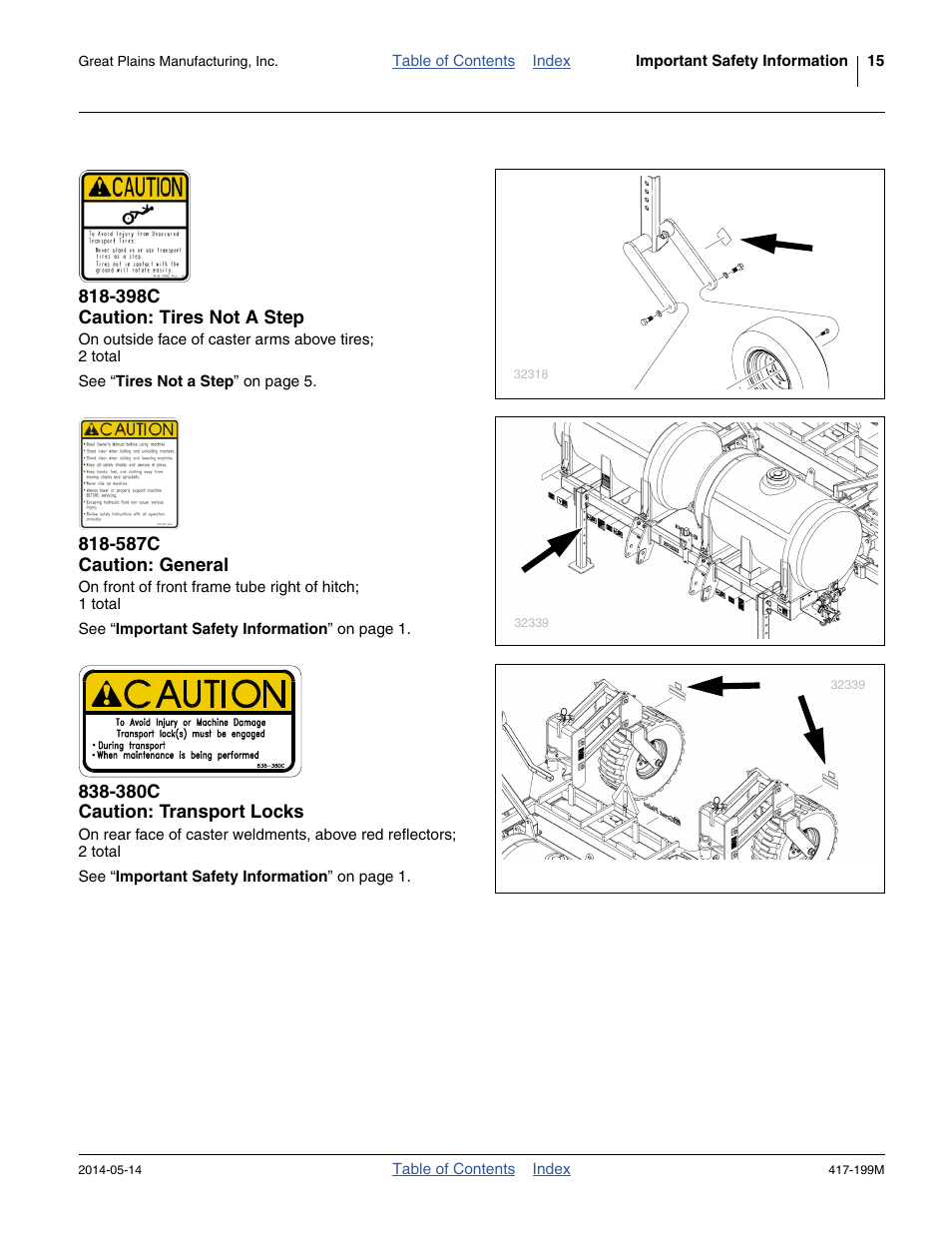 398c caution: tires not a step, 587c caution: general, 380c caution: transport locks | Great Plains NP4000B Operator Manual User Manual | Page 19 / 200