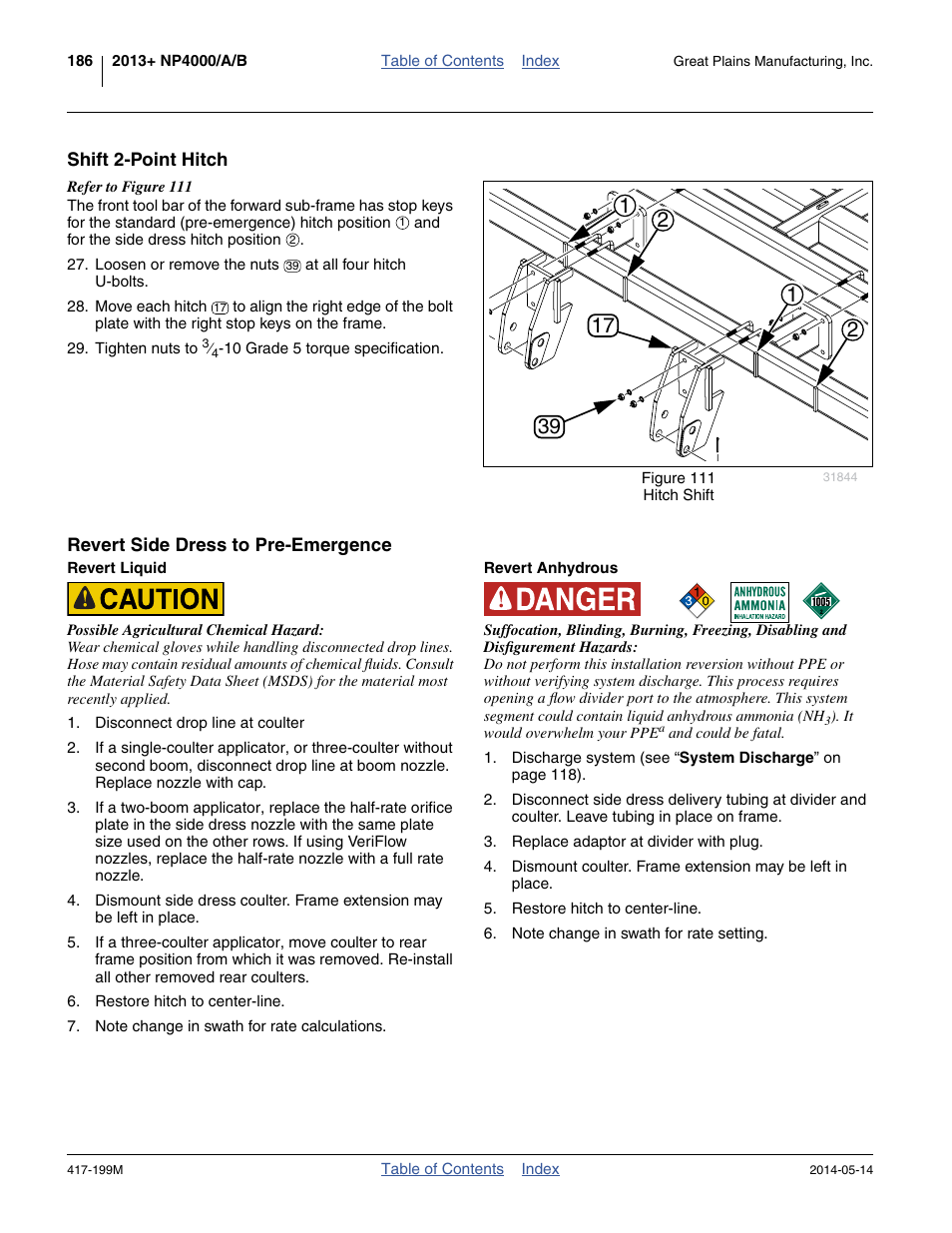 Shift 2-point hitch, Revert side dress to pre-emergence, Revert liquid | Revert anhydrous | Great Plains NP4000B Operator Manual User Manual | Page 190 / 200