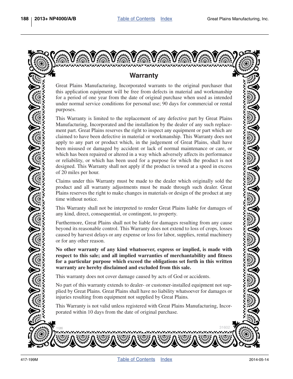 Warranty | Great Plains NP4000B Operator Manual User Manual | Page 192 / 200