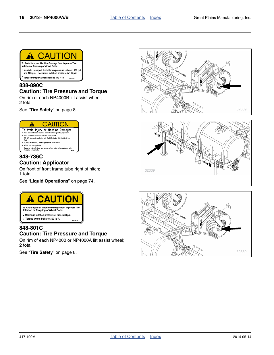 890c caution: tire pressure and torque, 736c caution: applicator, 801c caution: tire pressure and torque | Caution | Great Plains NP4000B Operator Manual User Manual | Page 20 / 200