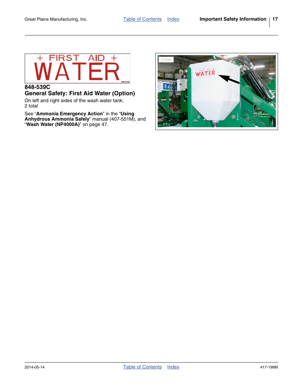 539c general safety: first aid water (option) | Great Plains NP4000B Operator Manual User Manual | Page 21 / 200