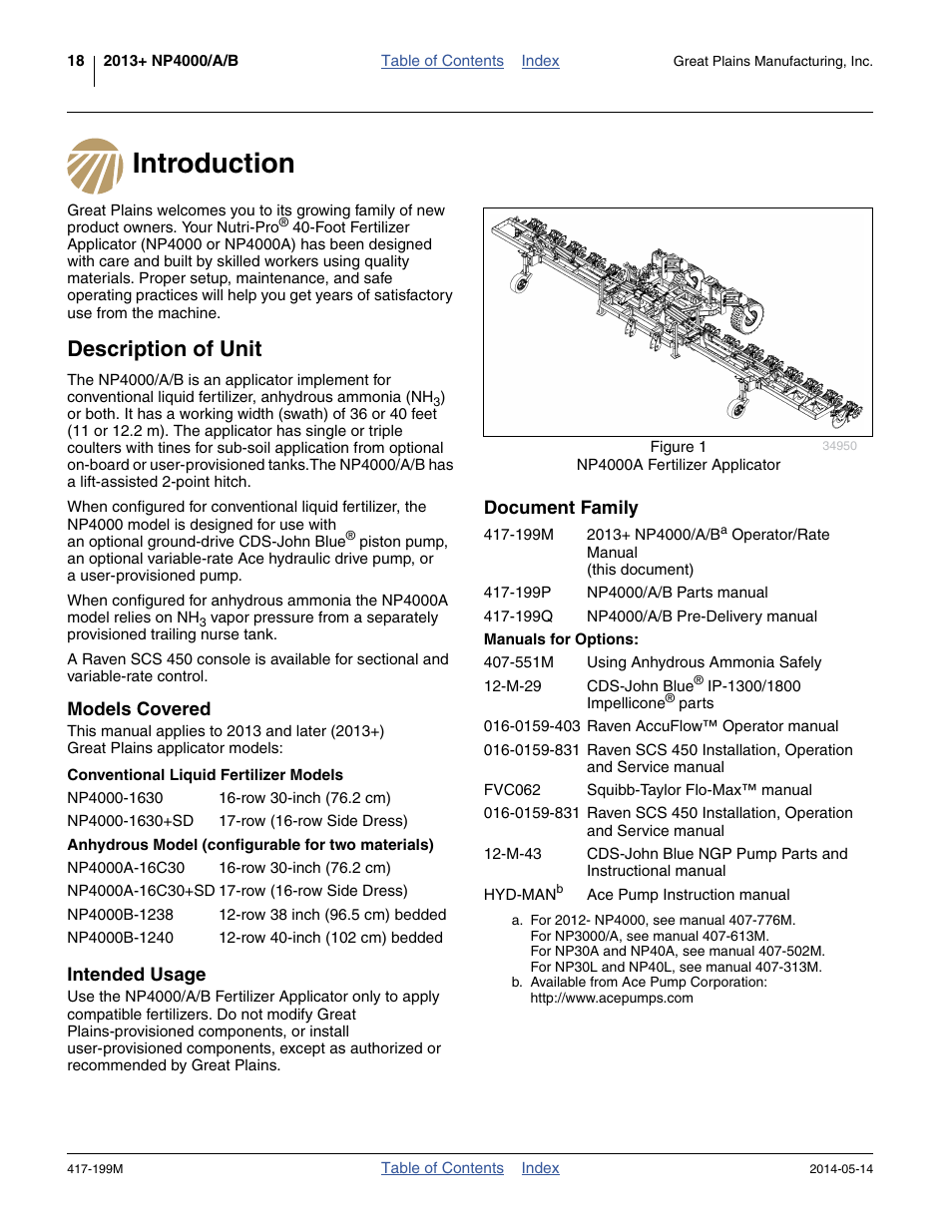 Introduction, Description of unit, Models covered | Intended usage, Document family, Manuals for options, Introduction description of unit, Models covered intended usage document family, 551m using anhydrous ammonia safely, Ual (407-551m), this man | Great Plains NP4000B Operator Manual User Manual | Page 22 / 200