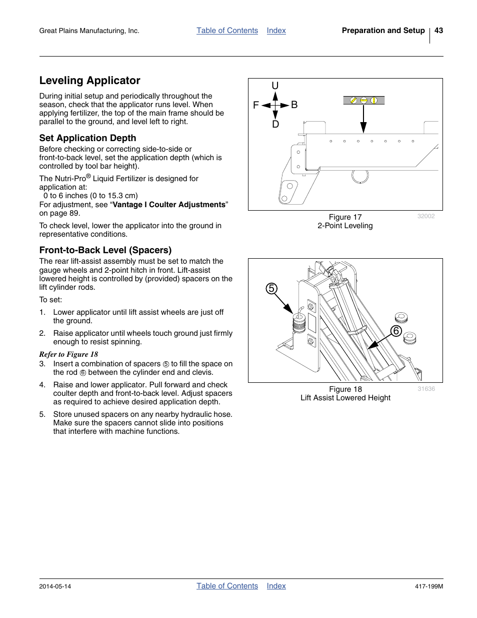Leveling applicator, Set application depth, Front-to-back level (spacers) | Ud b f | Great Plains NP4000B Operator Manual User Manual | Page 47 / 200