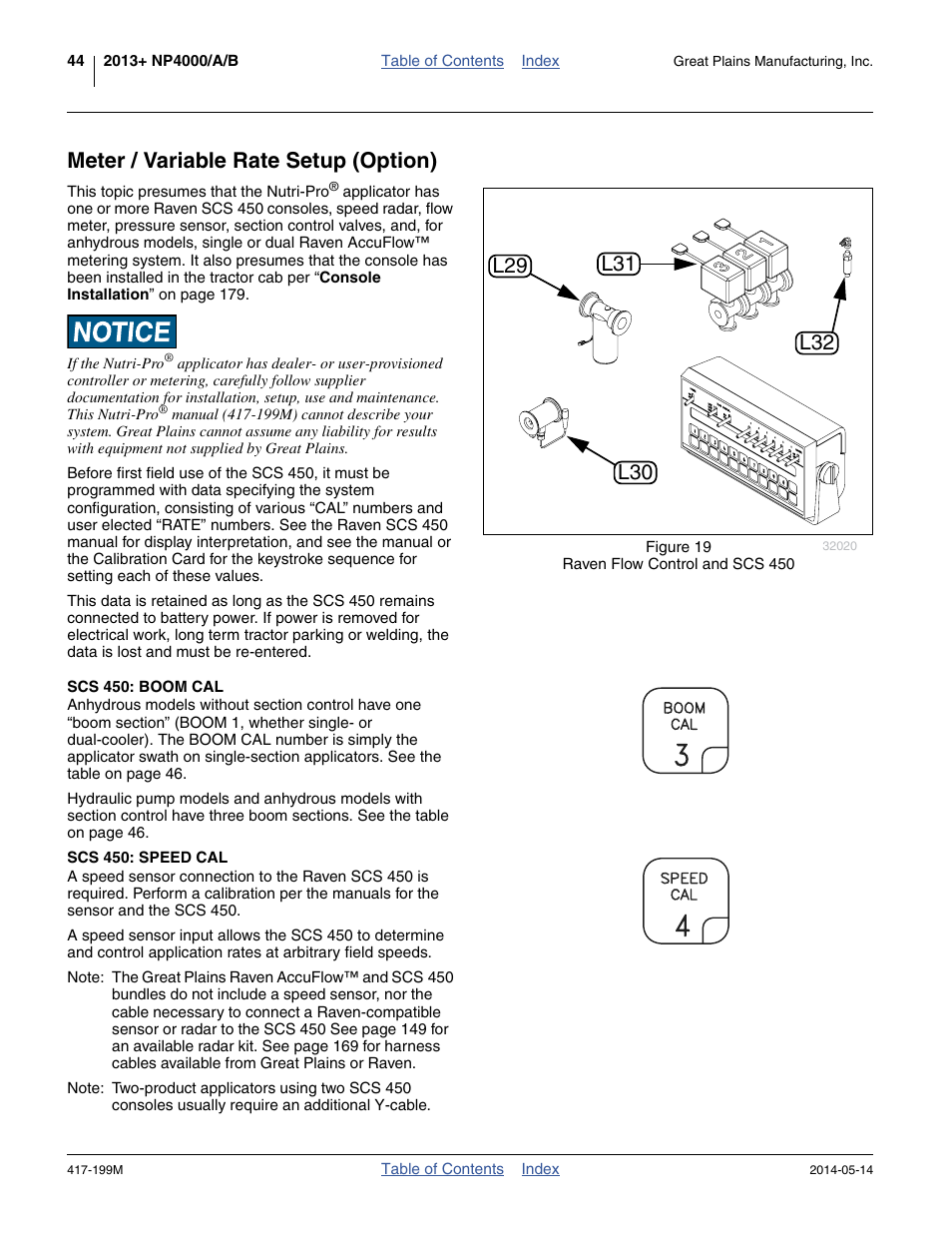 Meter / variable rate setup (option), Scs 450: boom cal, Scs 450: speed cal | Great Plains NP4000B Operator Manual User Manual | Page 48 / 200