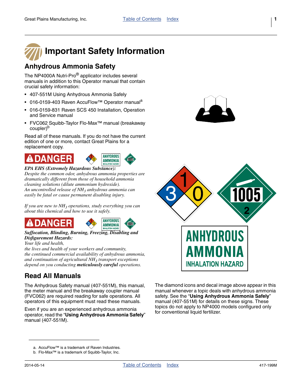 Important safety information, Anhydrous ammonia safety, Read all manuals | Great Plains NP4000B Operator Manual User Manual | Page 5 / 200