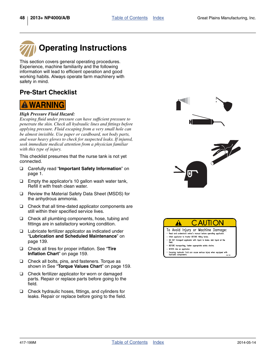 Operating instructions, Pre-start checklist, Operating instructions pre-start checklist | Great Plains NP4000B Operator Manual User Manual | Page 52 / 200