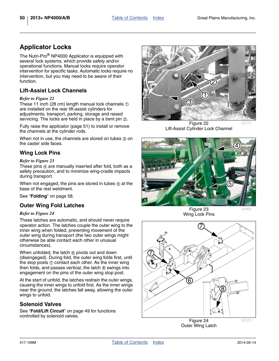 Applicator locks, Lift-assist lock channels, Wing lock pins | Outer wing fold latches, Solenoid valves | Great Plains NP4000B Operator Manual User Manual | Page 54 / 200