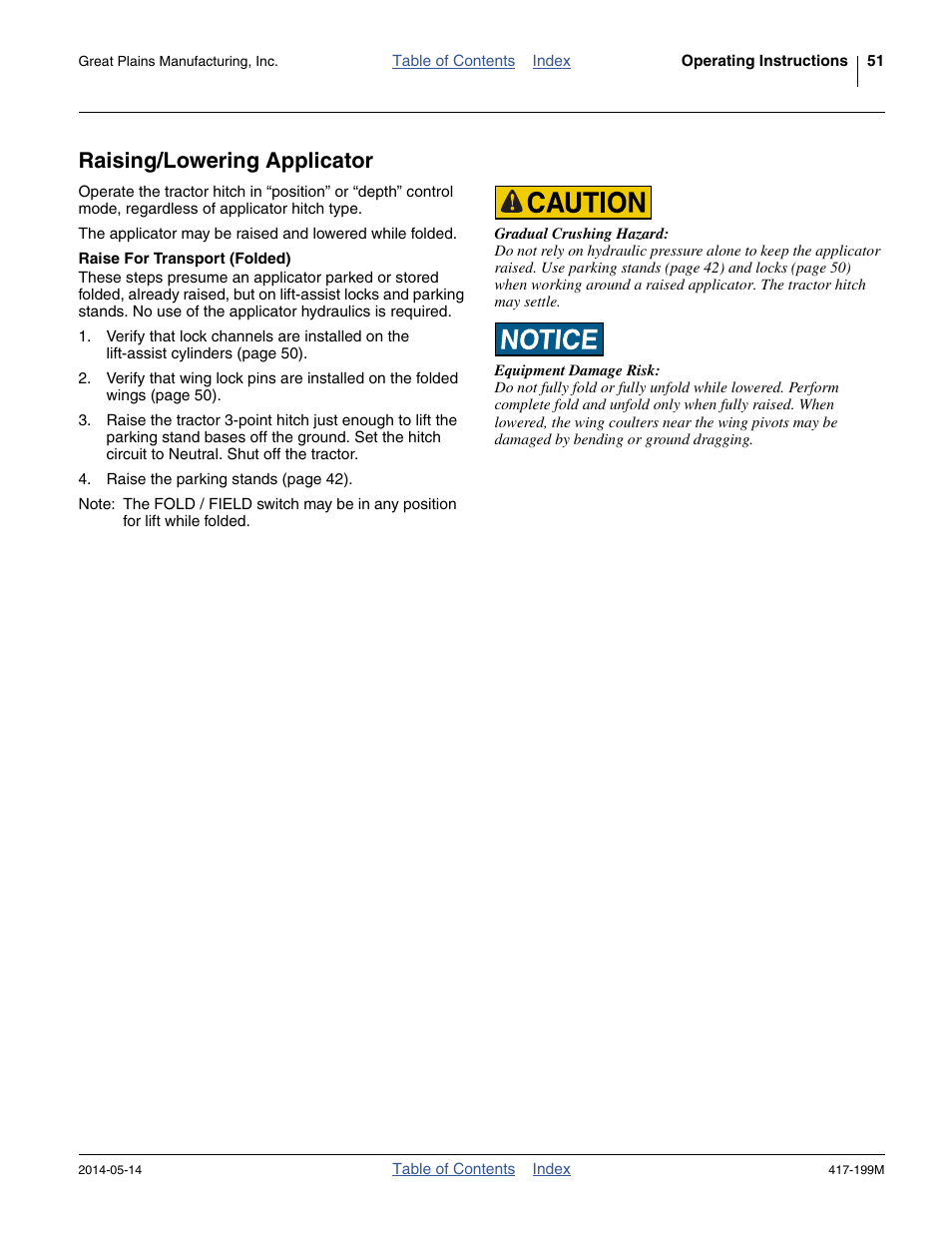 Raising/lowering applicator, Raise for transport (folded) | Great Plains NP4000B Operator Manual User Manual | Page 55 / 200