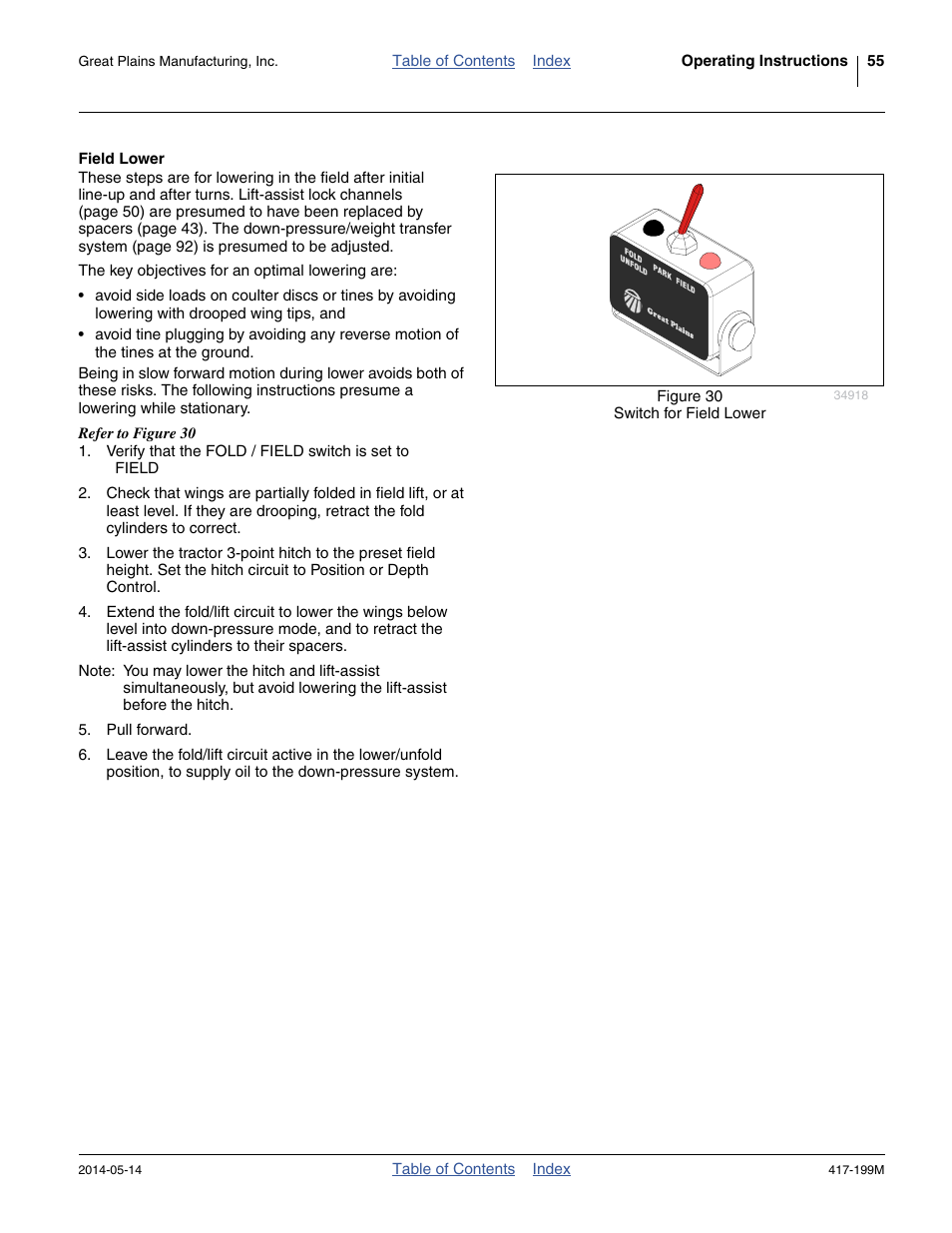 Field lower, See topic “ field lower ” f | Great Plains NP4000B Operator Manual User Manual | Page 59 / 200