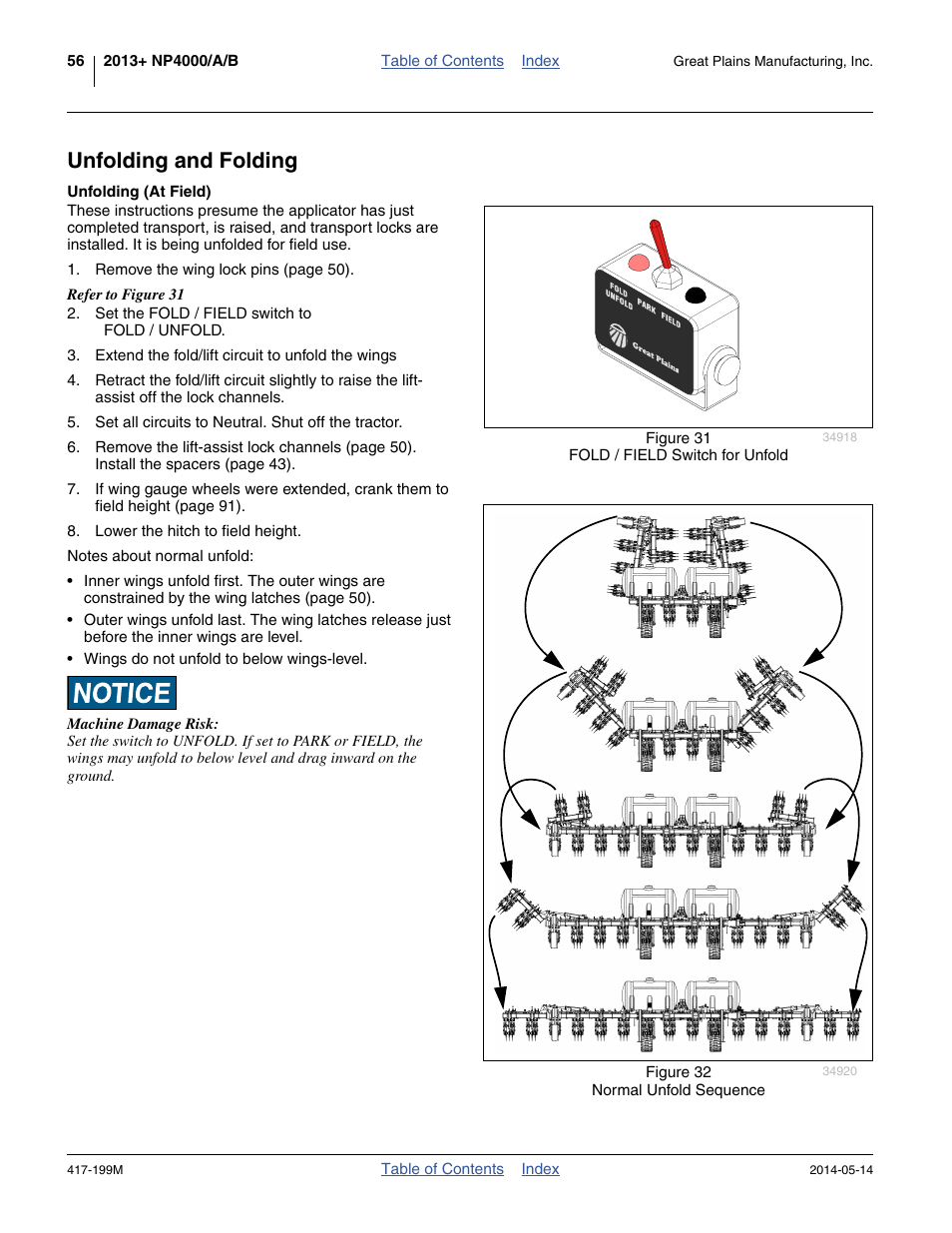 Unfolding and folding, Unfolding (at field) | Great Plains NP4000B Operator Manual User Manual | Page 60 / 200