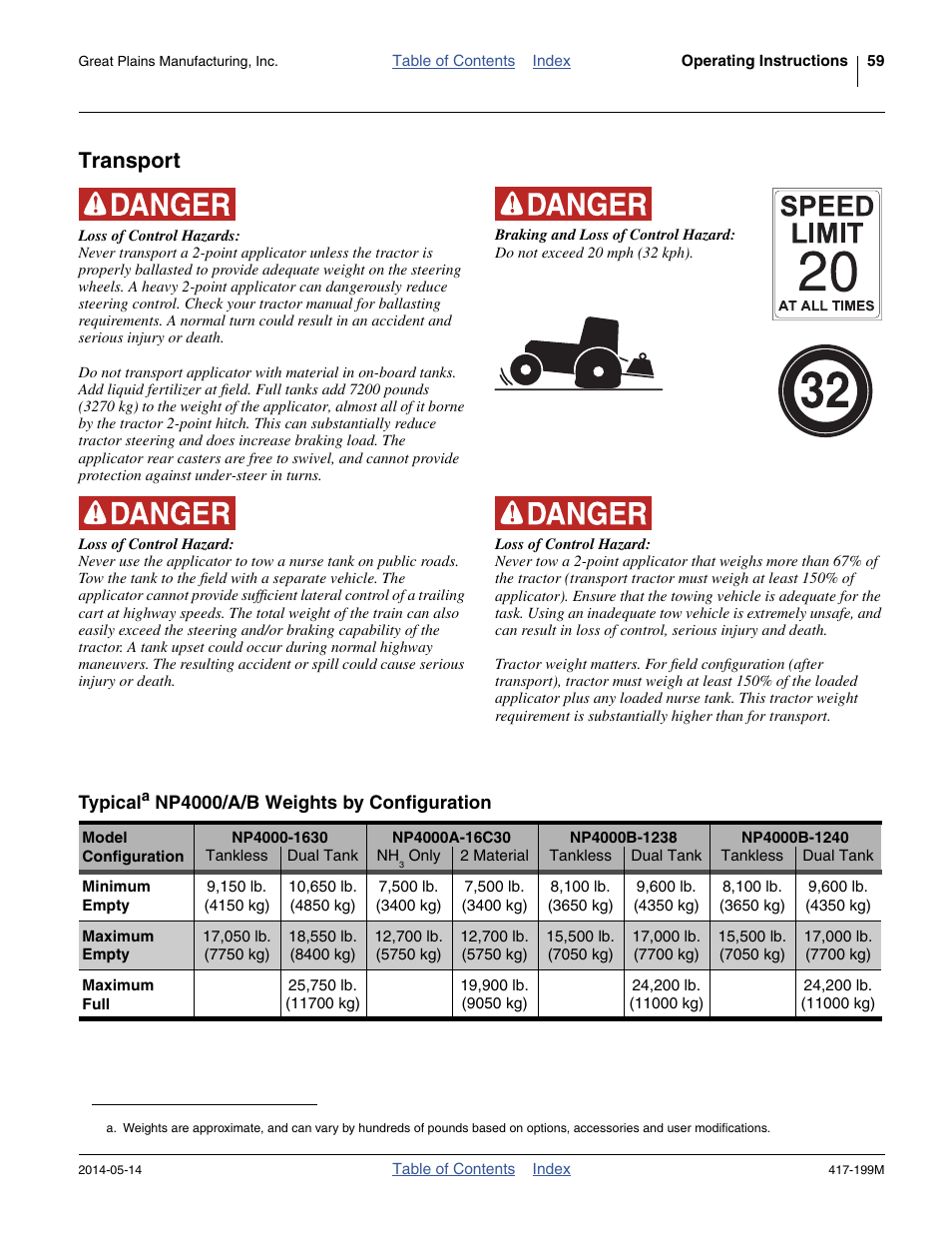 Transport, Typical np4000/a/b weights by configuration | Great Plains NP4000B Operator Manual User Manual | Page 63 / 200