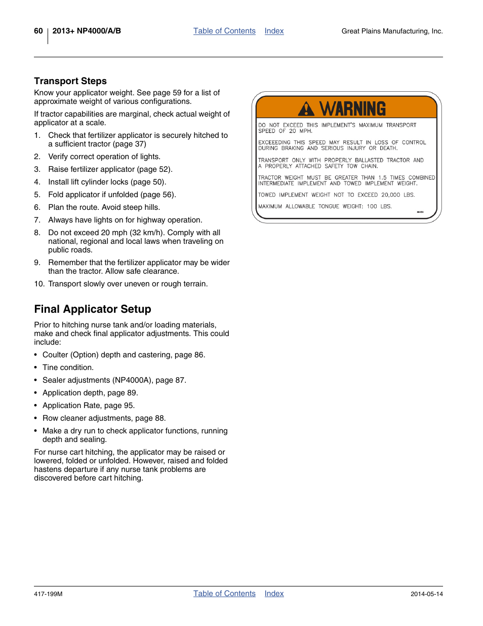 Transport steps, Final applicator setup | Great Plains NP4000B Operator Manual User Manual | Page 64 / 200