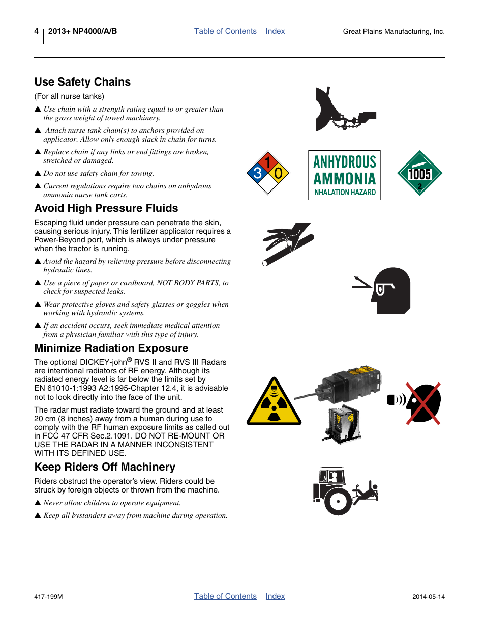 Avoid high pressure fluids, Minimize radiation exposure, Keep riders off machinery | Use safety chains | Great Plains NP4000B Operator Manual User Manual | Page 8 / 200