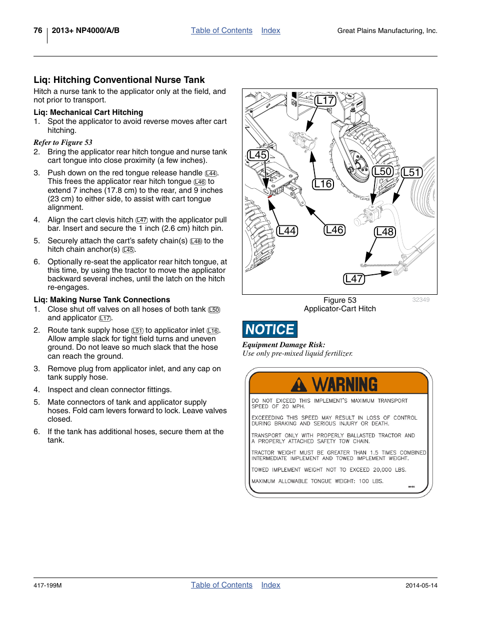 Liq: hitching conventional nurse tank, Liq: mechanical cart hitching, Liq: making nurse tank connections | Great Plains NP4000B Operator Manual User Manual | Page 80 / 200