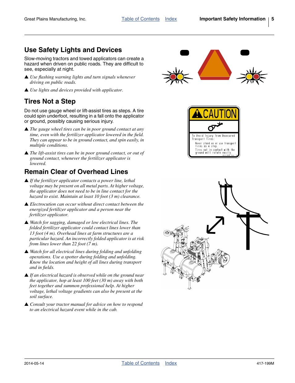 Use safety lights and devices, Tires not a step, Remain clear of overhead lines | Great Plains NP4000B Operator Manual User Manual | Page 9 / 200