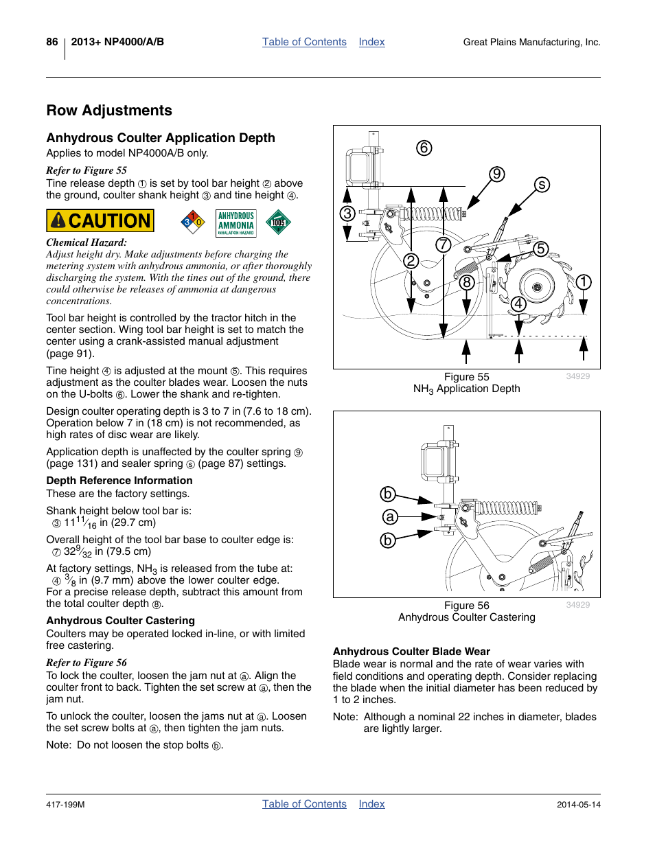 Row adjustments, Anhydrous coulter application depth, Anhydrous coulter blade wear | Depth reference information, Anhydrous coulter castering | Great Plains NP4000B Operator Manual User Manual | Page 90 / 200