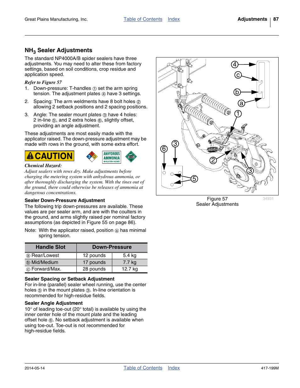 Nh3 sealer adjustments, Sealer down-pressure adjustment, Sealer spacing or setback adjustment | Sealer angle adjustment, 87) settings | Great Plains NP4000B Operator Manual User Manual | Page 91 / 200