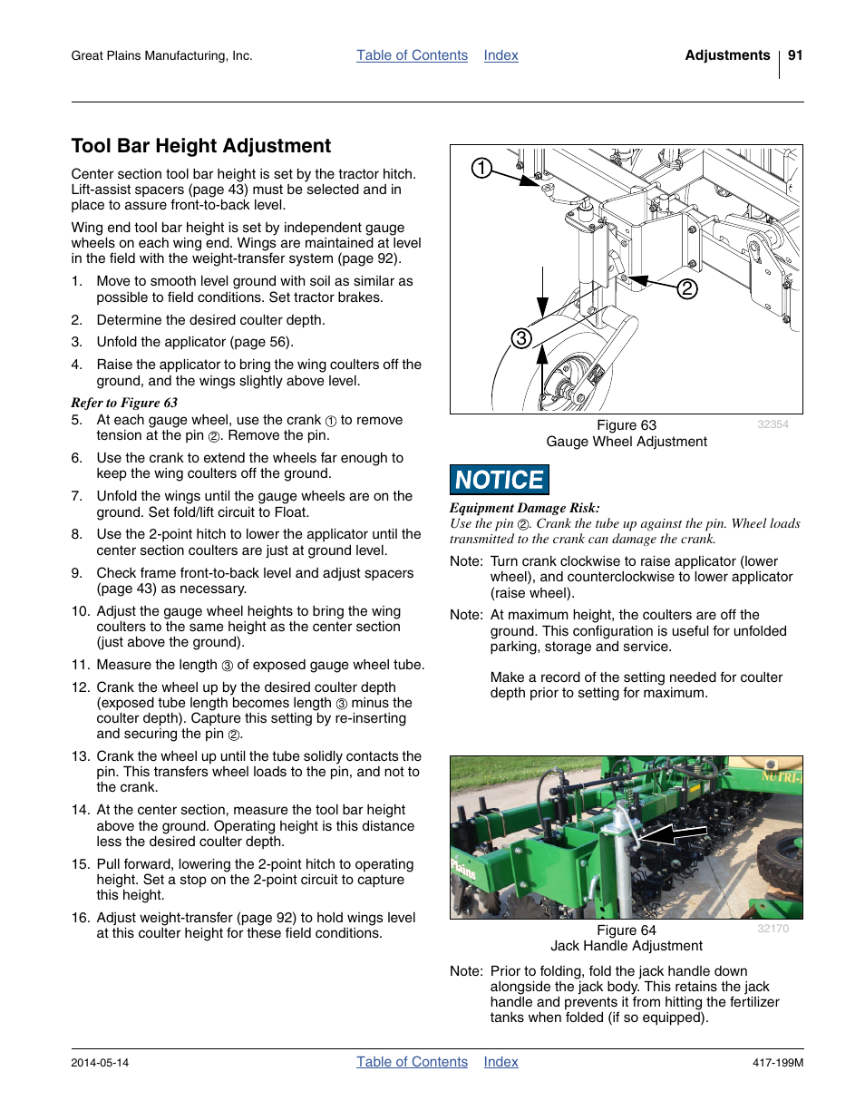 Tool bar height adjustment | Great Plains NP4000B Operator Manual User Manual | Page 95 / 200