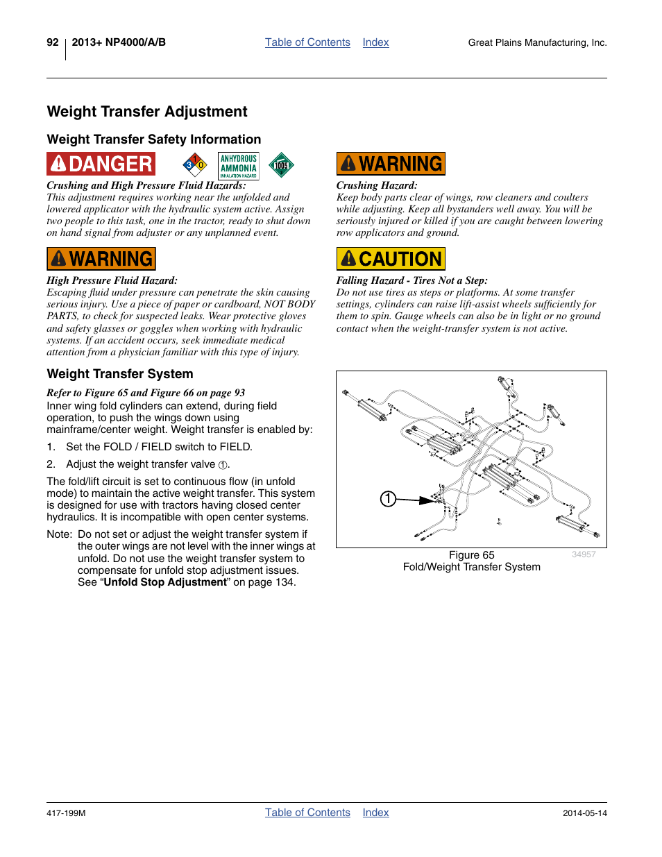 Weight transfer adjustment, Weight transfer safety information, Weight transfer system | Great Plains NP4000B Operator Manual User Manual | Page 96 / 200