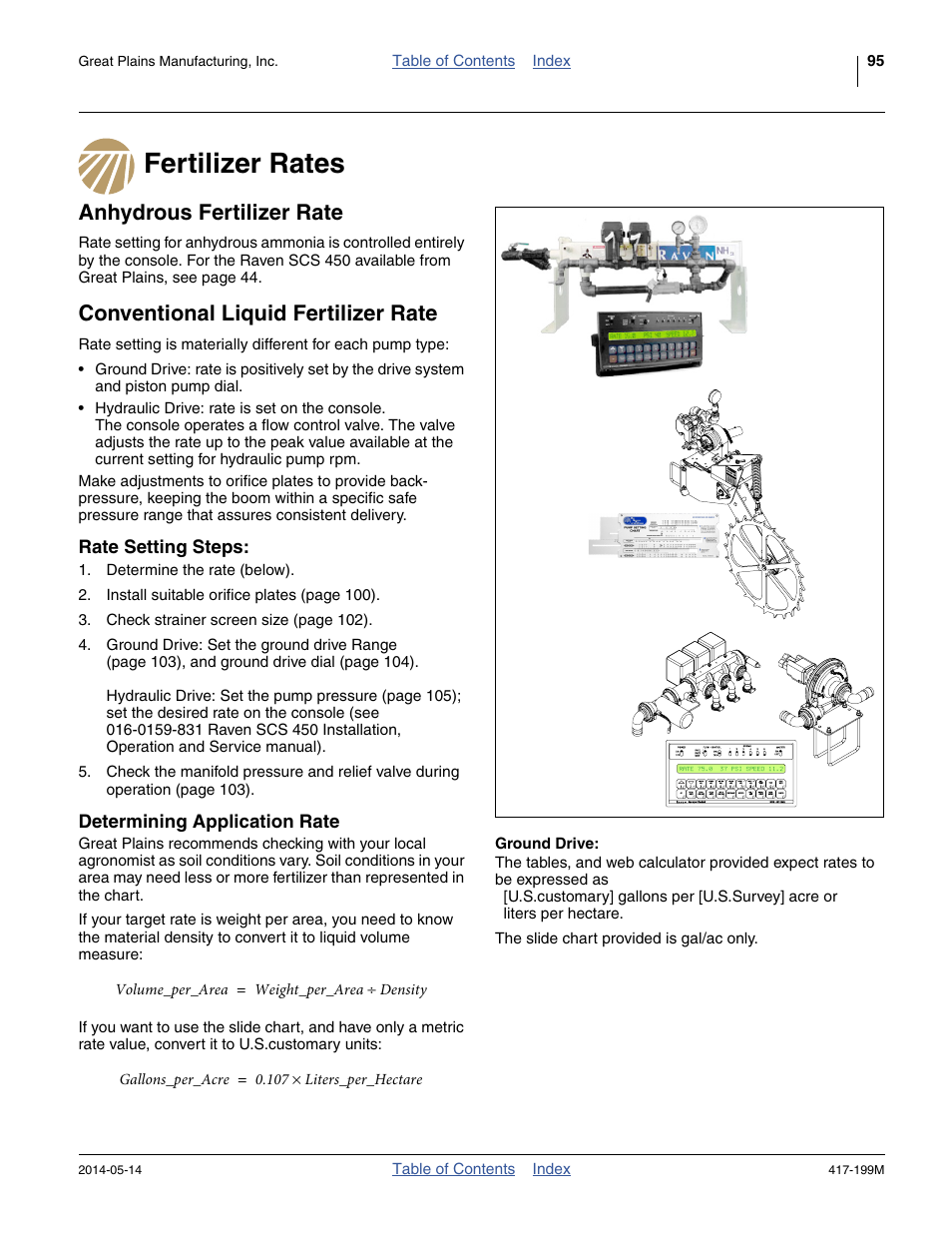 Fertilizer rates, Anhydrous fertilizer rate, Conventional liquid fertilizer rate | Rate setting steps, Determining application rate, Ground drive, Rate setting steps: determining application rate | Great Plains NP4000B Operator Manual User Manual | Page 99 / 200