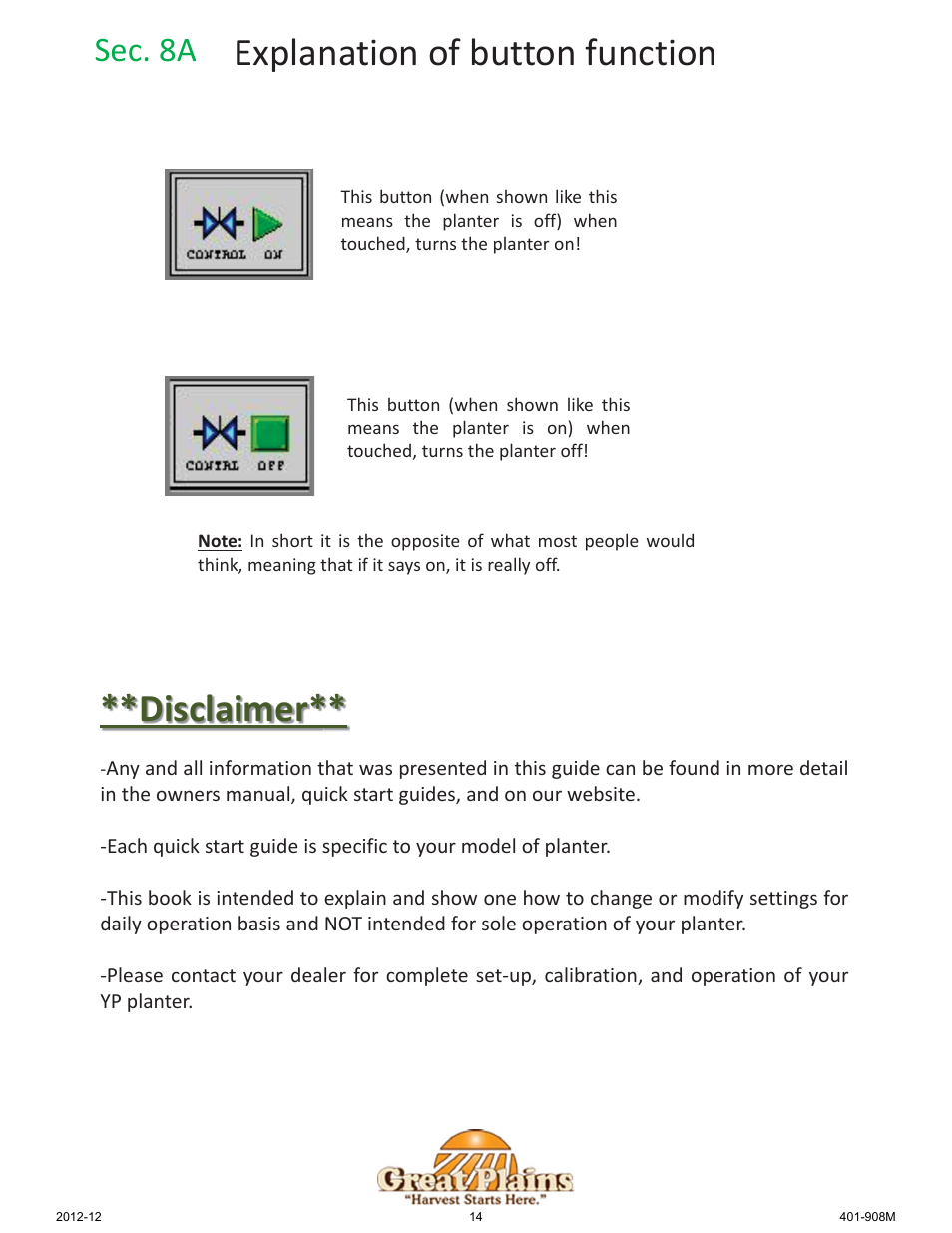 Explanation of button function, Disclaimer, Sec. 8a | Great Plains DICKEY-john AI-100 User Manual | Page 14 / 14