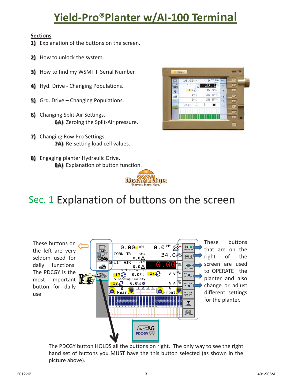 Inal, Yield-pro®planter w/ai-100 term, Explanation of buttons on the screen | Sec. 1 | Great Plains DICKEY-john AI-100 User Manual | Page 3 / 14